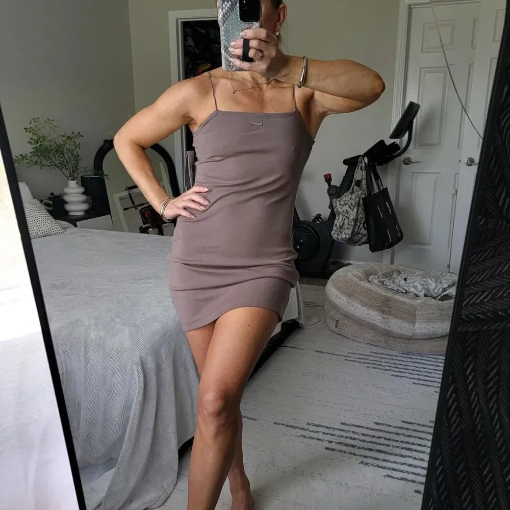 NWT NIKE women's mini-rib stretch tank dress in taupe brown, size small.